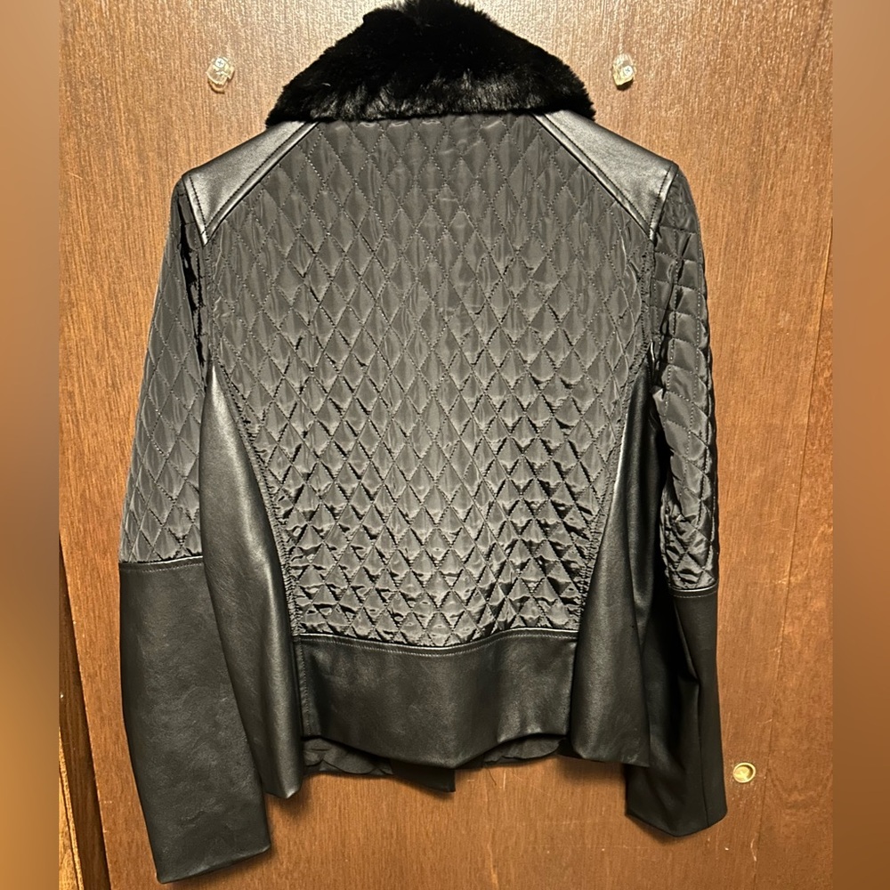 Michael Kors Faux Leather Fur Biker Jacket Women’s 10 Black Quilted - Picture 6 of 6